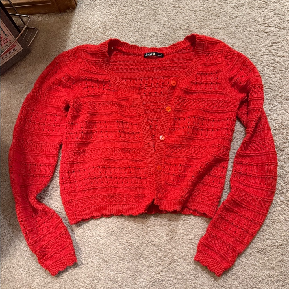 Openwork Cropped Cardigan in Bright Red